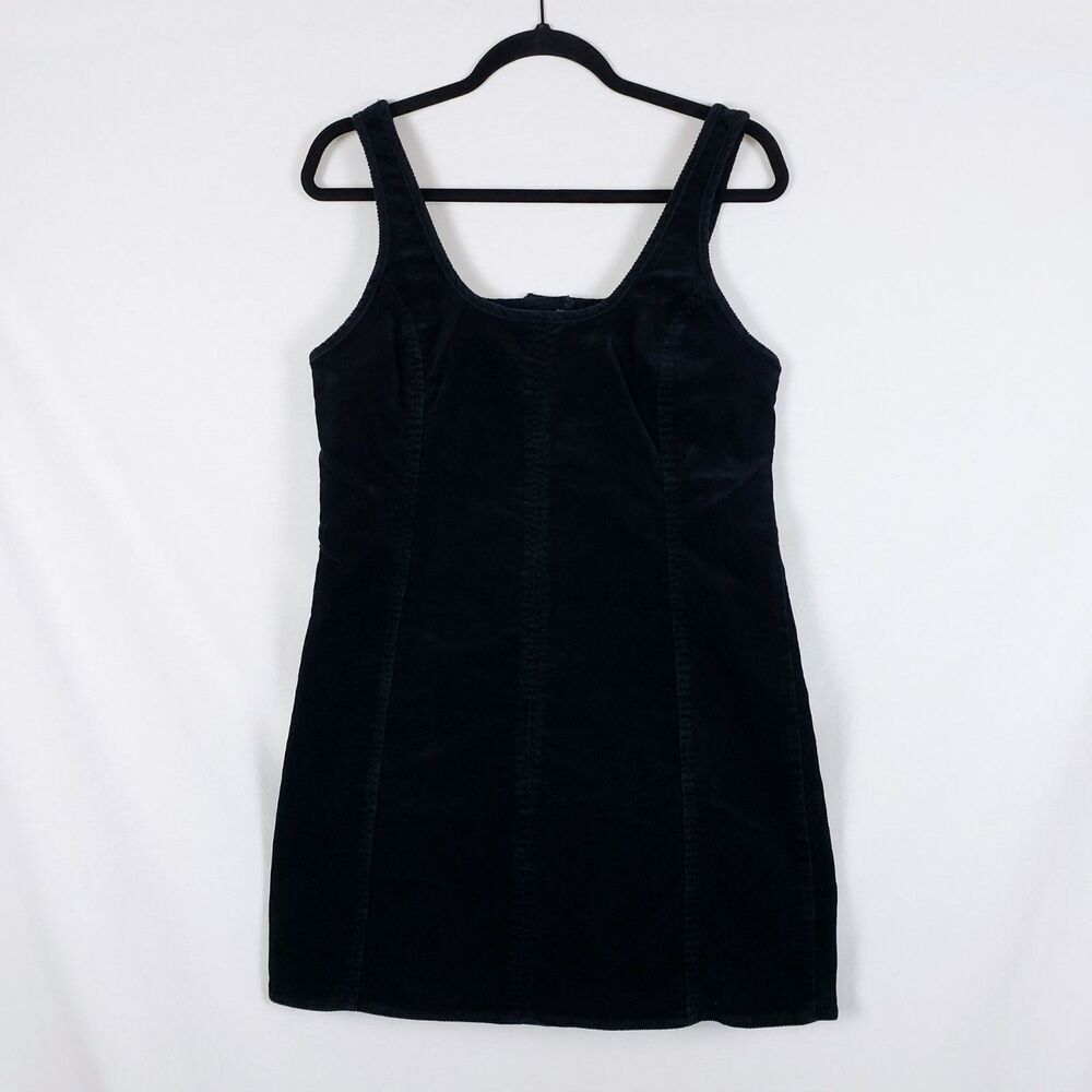 Black Corduroy Pinafore Mini Dress Womens L Black Y2K Grunge Indie Sleaze